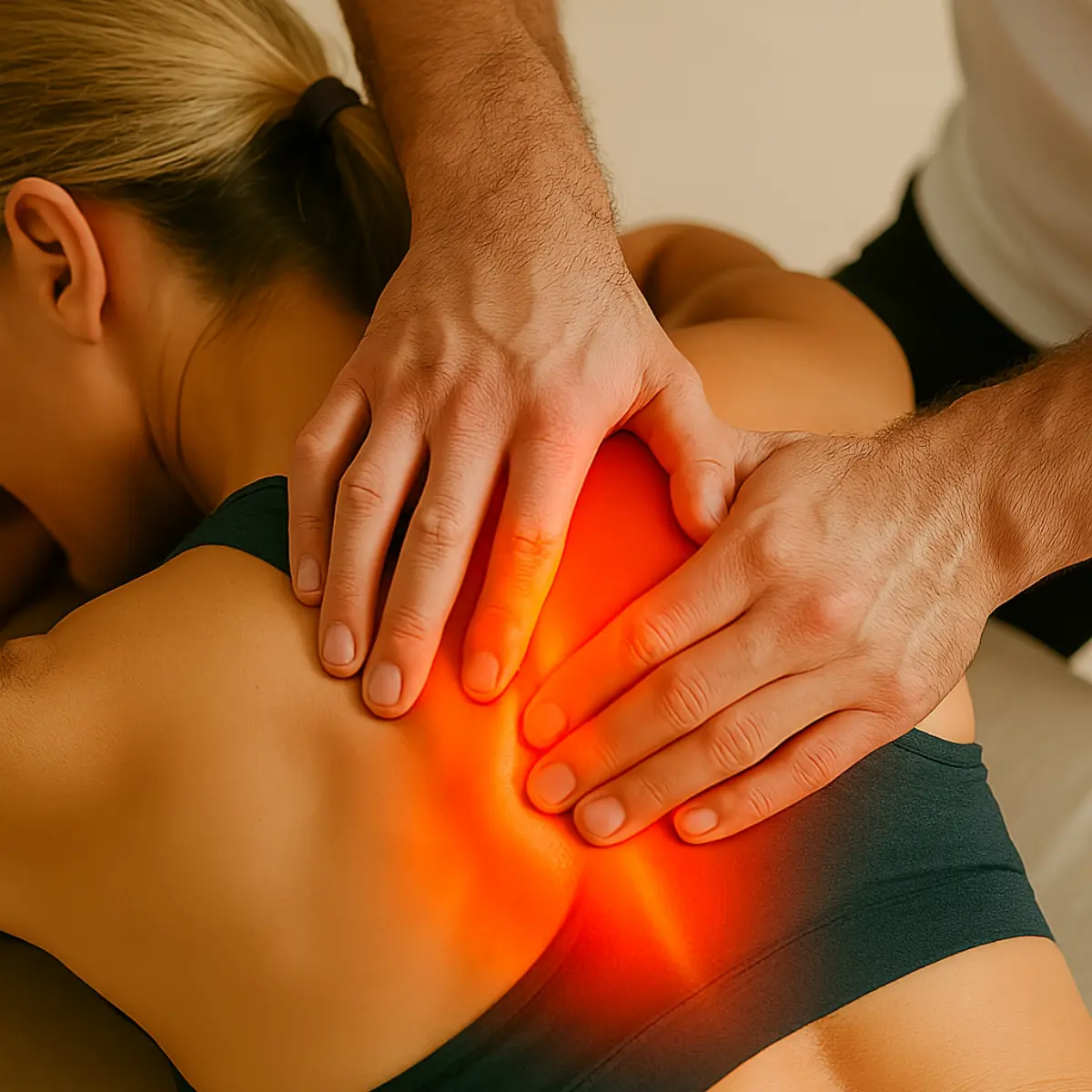 FDM-Therapie: Manuelle Faszienbehandlung im oberen Rücken einer Patientin