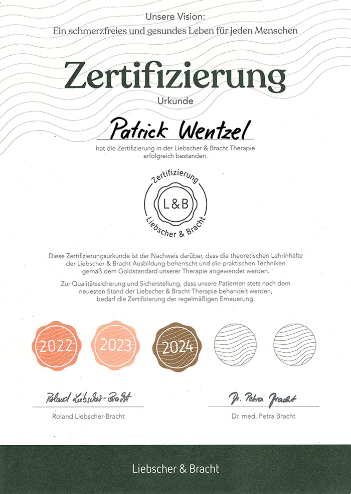 Liebscher & Bracht Zertifizierung Von Patrick Wentzel, Heilpraktiker Und Liebscher & Bracht Therapeut In Berlin.