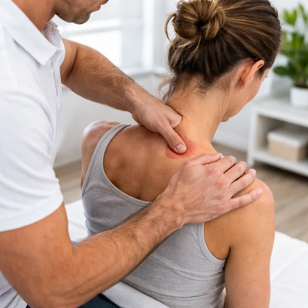 Therapeut behandelt gezielt einen Schmerzpunkt im Nacken und Schulterbereich